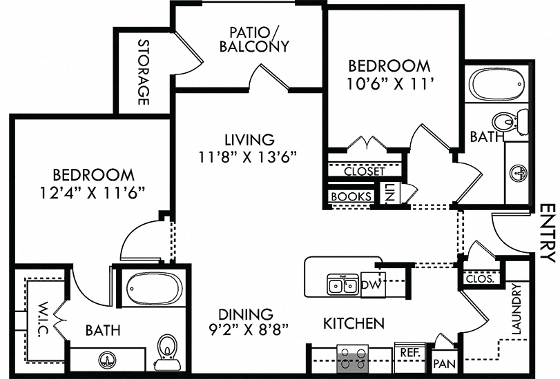 Floor plan for 2 beds, 2 baths, 1000 sqft